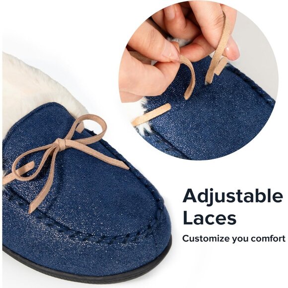 Women's Glittered Faux Fur Lining Wrap Rubber Sole Navy Blue Slipper Bootie - Picture 5 of 6